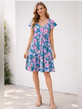 Lilly Pulitzer Blue & Pink Kawai Flutter Sleeve Floral Tiered Mini Dress